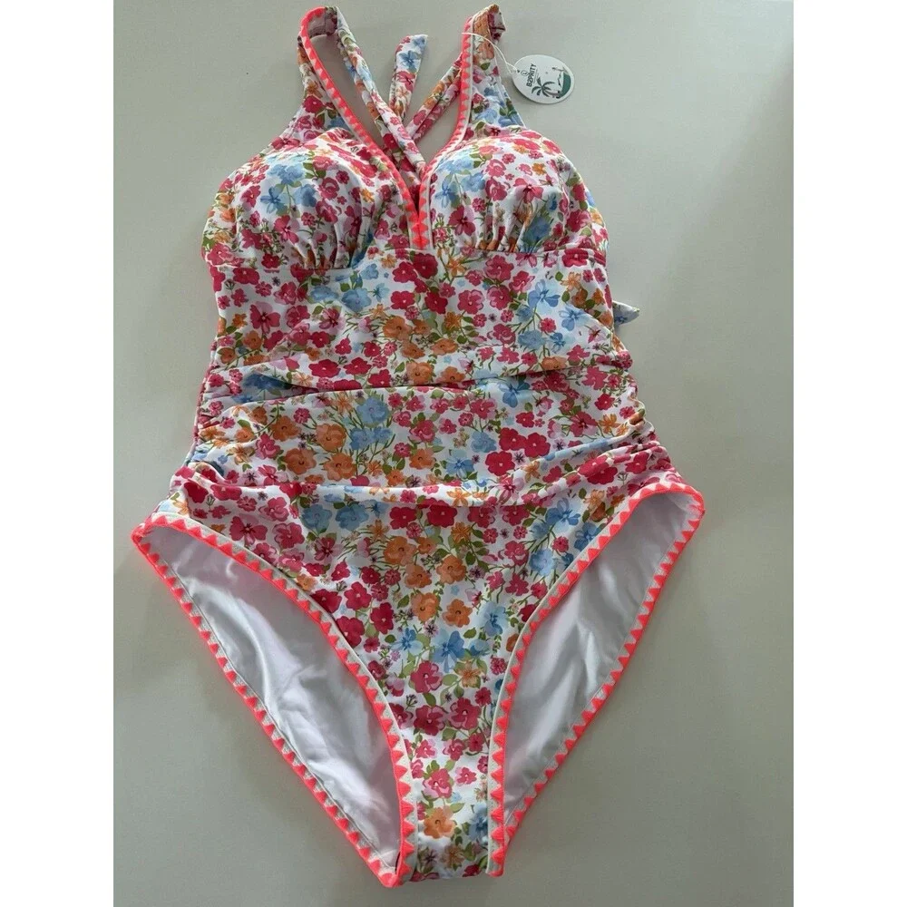 Women's One Piece Swimsuit Tummy Control Shell Stitch floral multicolor size L